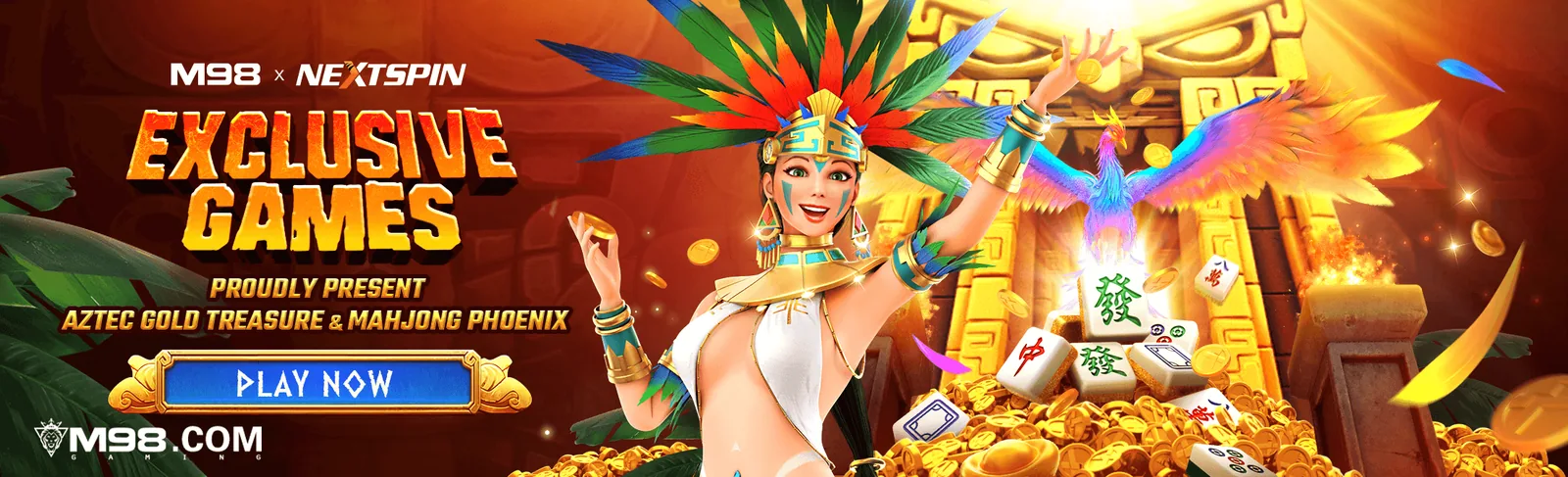 แบนเนอร์ M98 ร่วมกับค่าย Nextspin นำเสนอเกม Aztec Gold Treasure และ Mahjong Phoenix